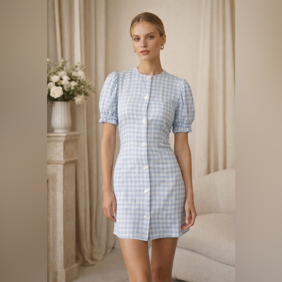 SLEEPER Marie Linen Mini Dress Button Front | Size Small | Blue Vichy - Picture 2 of 6